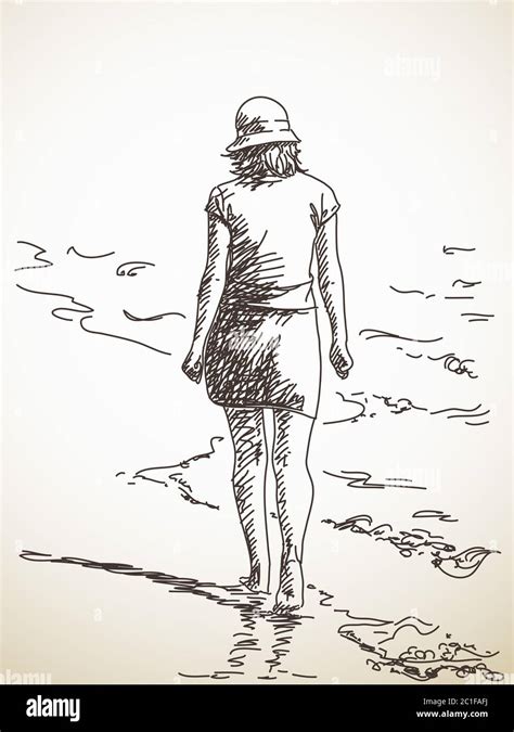 Sketch Of Woman Walking Barefoot On Beach Hand Drawn Illustration