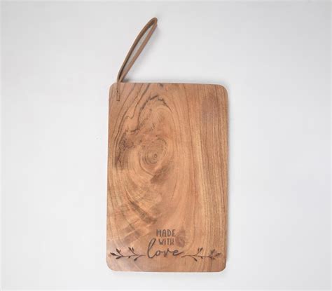 Hand Etched Made With Love Cutting Board With Leather Strap Natural