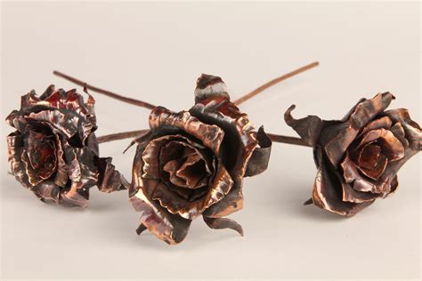 Three Copper Roses Each Rose Is Made By Hammering And Silver Soldering