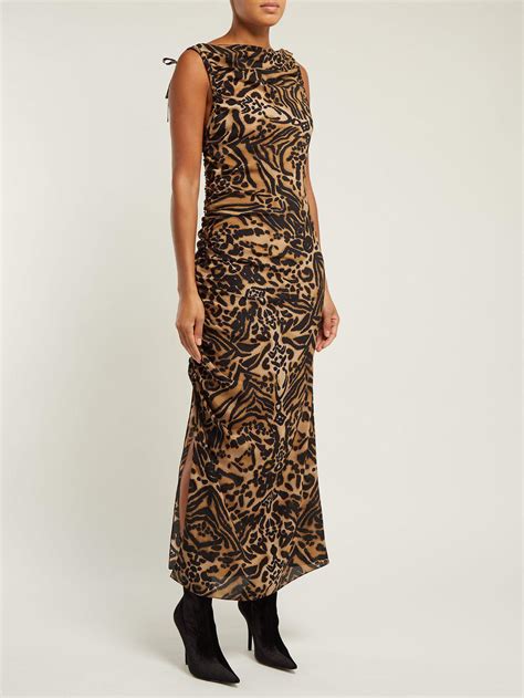 Raey Gathered Side Backless Silk Tiger Print Dress In Brown Lyst