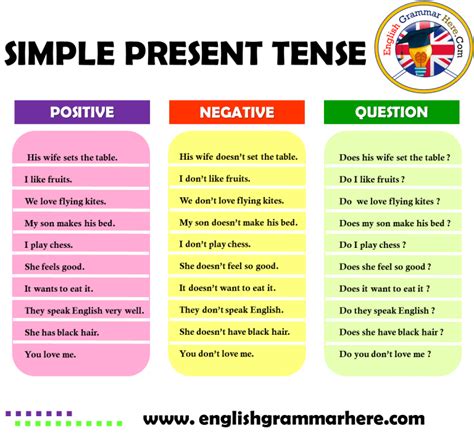 Simple Present Tense Positive Negative Question Examples English