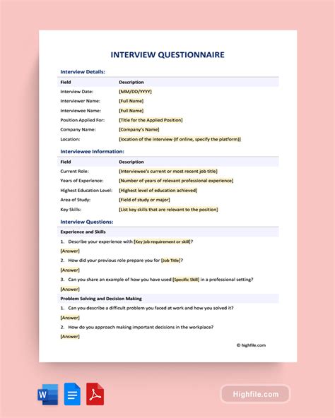 Interview Questionnaire Template Word Pdf Google Docs Highfile