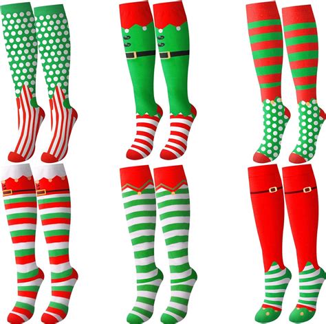 6 Pairs Knee High Christmas Socks For Women Long Elf Socks Christmas Striped Knee