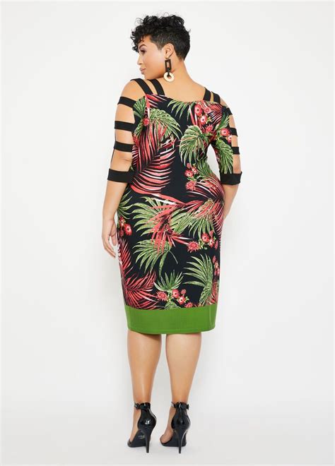 Plus Size Palm Print Lattice Sheath Dress Hawaiian Fashion New Dress
