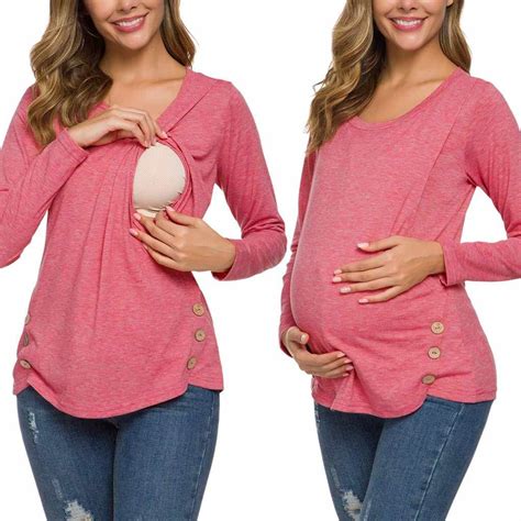 Women Blouse Pregnant Nusring Maternity Long Sleeve Tops Splicing Stripe Blouse Breastfeeding