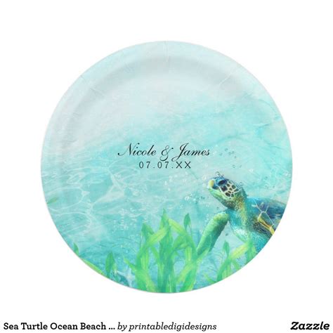 Sea Turtle Ocean Beach Art Elegant Wedding Custom Paper Plate Zazzle