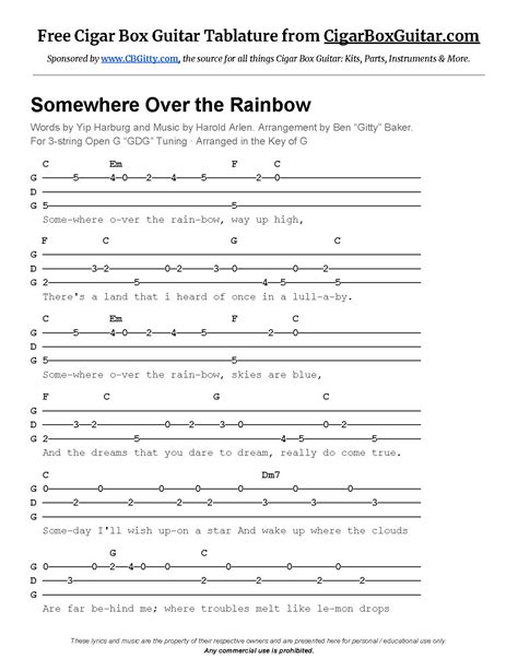 Somewhere Over the Rainbow Tablature for 3-string Cigar Box Guitar