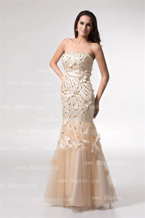 Real Image Hot Beige Prom Dresses Strapless Crystals Sheath Applique