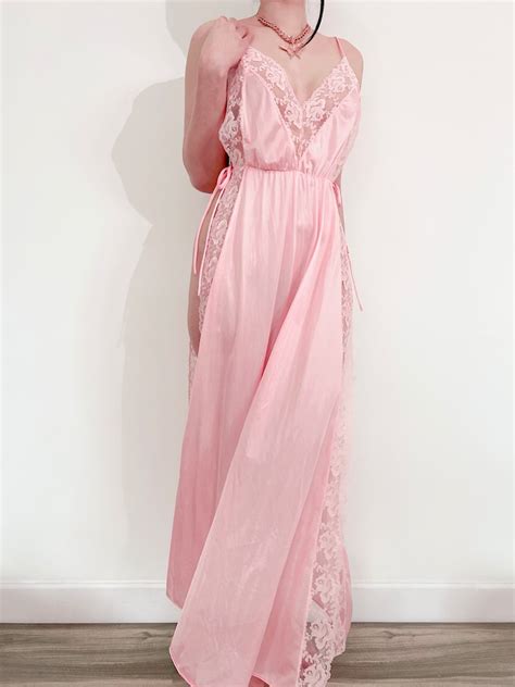Sz S M Vintage Pandora Lace Pink Lingerie Slip Dress With Open Side