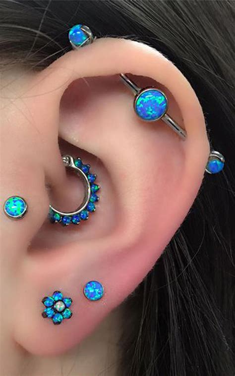 Cute Multiple Blue Opal Ear Piercing Ideas For Women Ear Jewelry Ear