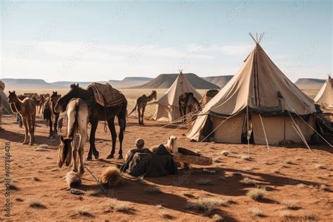 Nomadic Tribe Setting Up Camp In Desert With Tents And Animals