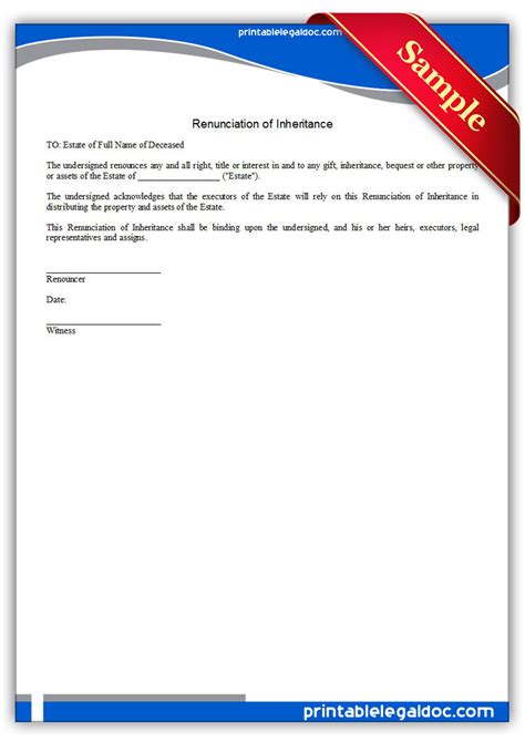 Maybe you would like to learn more about one of these? Free Printable Renunciation Of Inheritance Form (GENERIC)