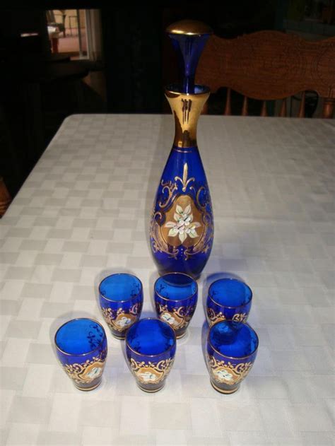 Vintage Cobalt Blue Gold Bohemian Glass Cordial Decanter 7 Piece Set