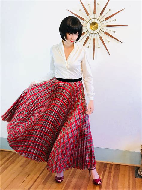 Pleated Maxi Skirt Plaid Maxi Skirt Vintage 50s Skirt Long Taffeta