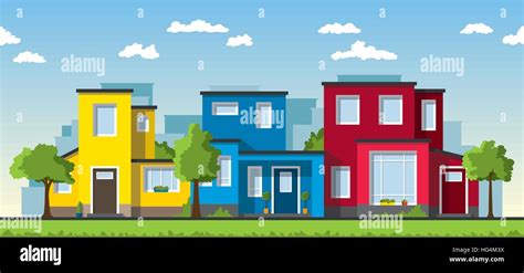 Three Modern Colorful Houses In A Suburb Stock Vector Image And Art Alamy