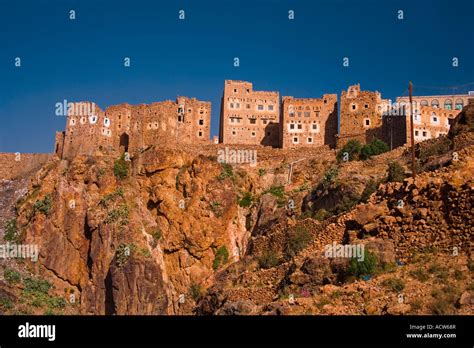 The Cliffotop Village Of Shahara Up In The Haraz Mountains Yemen Stock