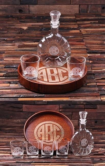 Monogrammed Grand Tray Set With Art Deco Decanter And Whiskey Glasses Personalized Ts And
