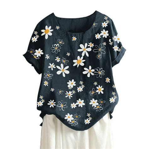 ukap plus size women summer daisy flower print top short sleeve o neck cotton linen shirt