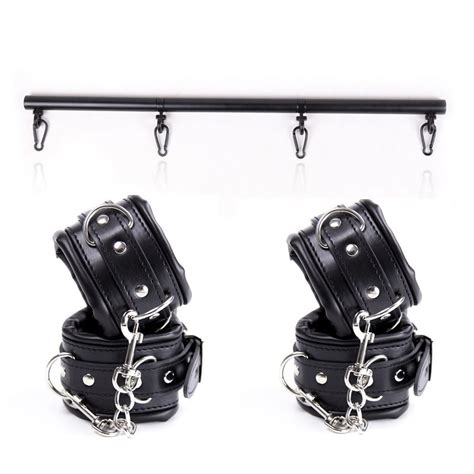 Black Stainless Steel Spreader Bar Bondage Set Slave Soft Hand Cuffs