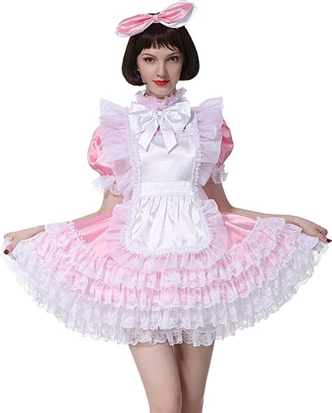 Amazon Com Gocebaby Women Sissy Maid Large Bow Pink Shiny Satin Lockable Dress Crossdress X