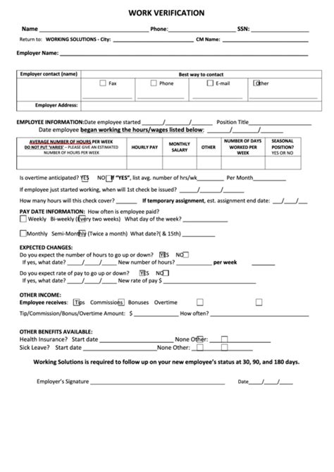Work Verification Form Printable Pdf Download