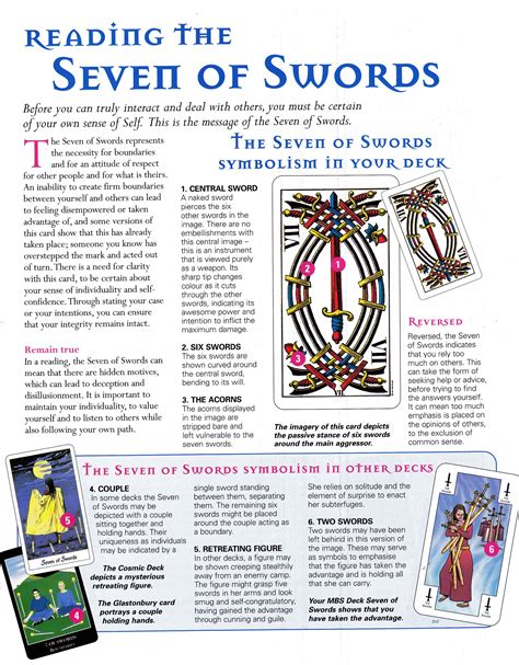 Seven of swords's key themes are avoiding confrontation, failure, incomplete, theft, unknown opponents. Reading the seven of swords | Tarot book, Tarot meanings, Tarot card spreads