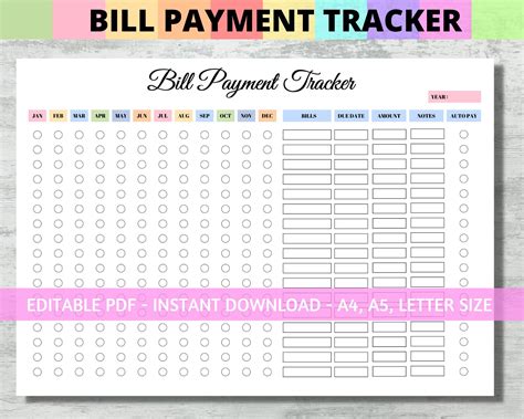 Editable Bill Tracker Yearly Bill Tracker Monthly Bill Payment