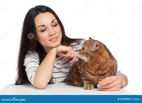 Beautiful Smiling Brunette Girl And Her Ginger Cat Over White Ba Stock Photo Image Of Claws