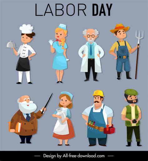 Labor Day Design Elements Occupation Icons Cartoon Characters Vectors