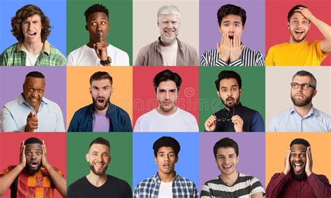 Set Of Multiethnic People Faces Showing Various Emotions To Camera