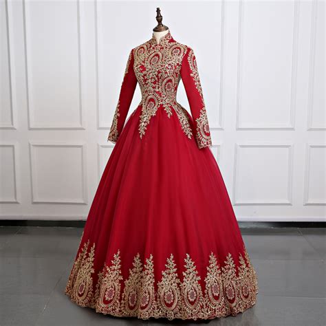 Red Muslim Wedding Dresses Real Picture Long Sleeve Wedding Ball Gown High Neck Indian Sudan