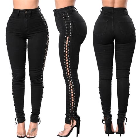 Sexy Side Lace Up Jeans Woman Plus Size Skinny Jeans Stretch Pull On