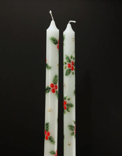 Hand Painted Christmas Taper Candle Holly And Pine Etsy