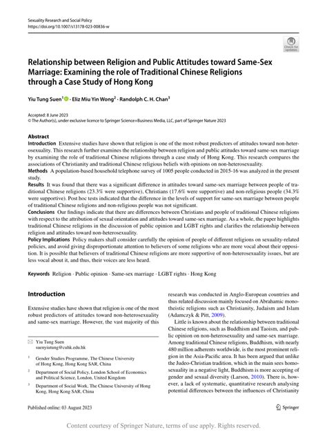 Relationship Between Religion And Public Attitudes Toward Same Sex Marriage Examining The Role