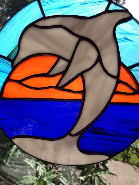 Stained Glass Dolphin Sunset Or Sunrise Ocean Water Beach Suncatcher By