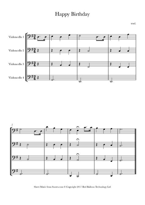 Happy Birthday To You Sheet Music For Cello Quartet