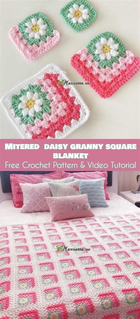 Mitered Daisy Granny Squares Blanket Free Crochet Tutorial Crochet
