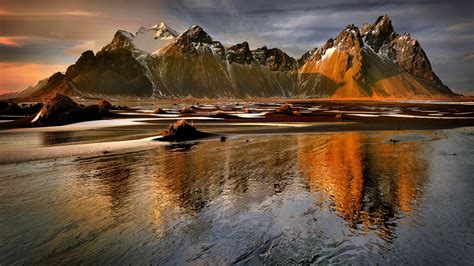 4543851 Iceland Sea Snowy Peak Landscape Clouds Beach