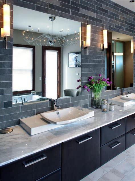 Contemporary Double Vanity Bathroom With Gray Tiled Wall Hgtv
