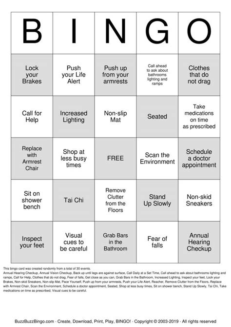 Fall Prevention Bingo Cards To Download Print And Customize