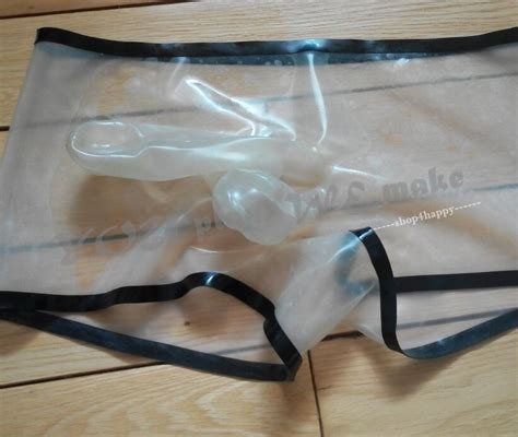 Shop4happy Latex Panties Attached Condom Rubber Shorts Penis Sheath Sock Rubber Boxer On