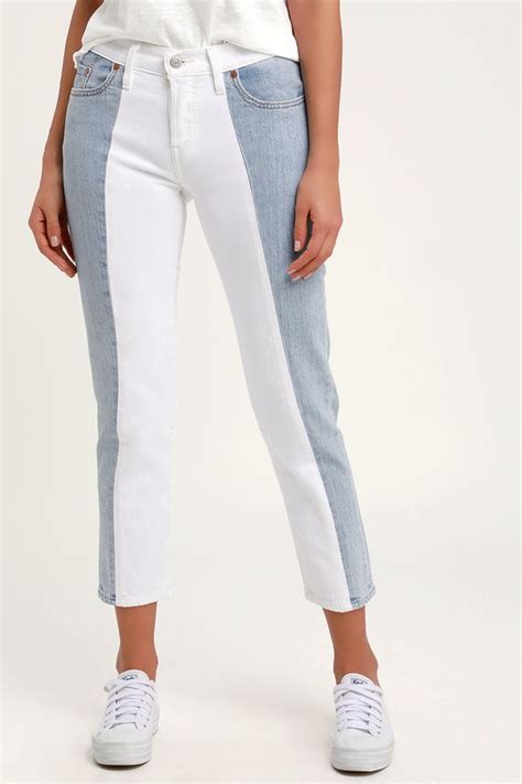 Choose other color trends like light wash jeans or black jeans, or change things up with ripped jeans that set your look apart with destruction that ranges from light to heavy. 501 Taper Light Wash Color Block Cropped Jeans | Denim ...