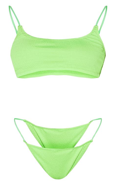 Lime Green Shirred Scoop Neck Bikini Set Prettylittlething