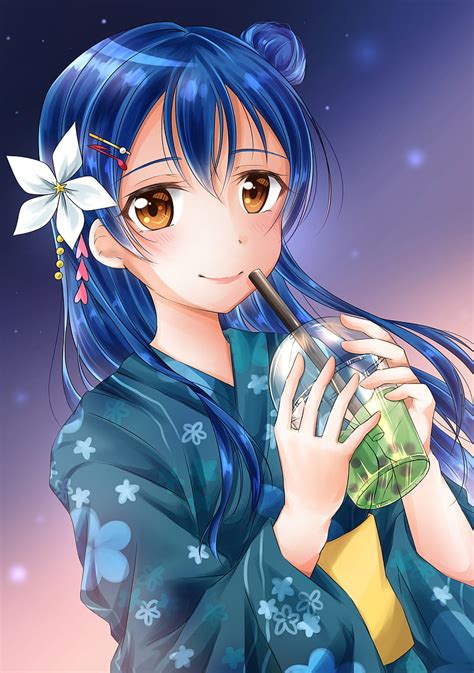 Sonoda Umi Kimono Blue Hair Love Live Drink Anime Hd Phone