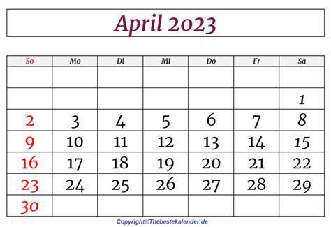 Kostenlos April 2023 Kalender Zum Ausdrucken Pdfword