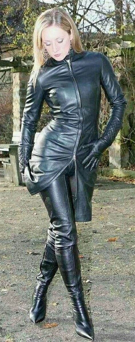 Tight Leather Pants Long Leather Coat Leather Gloves Black Leather