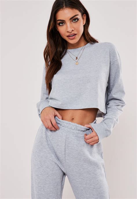 Gray Cropped Sweatshirt And Joggers Co Ord Set Missguided
