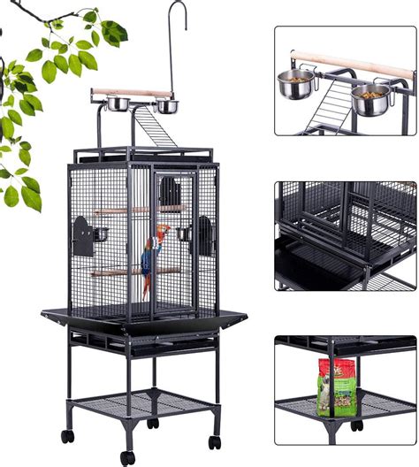 72 Inch Wrought Iron Large Bird Cage With Play Top And Rolling Stand
