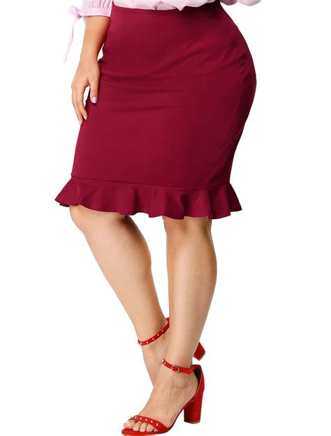 Womens Plus Size Ruffle Hem Zip Closure Mini Pencil Skirt Red 3x