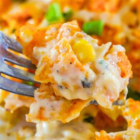 Chicken, sour cream cream of mushroom, cream of chicken, salsa, corn, cheese and doritos! Doritos Casserole with Chicken - This is Not Diet Food